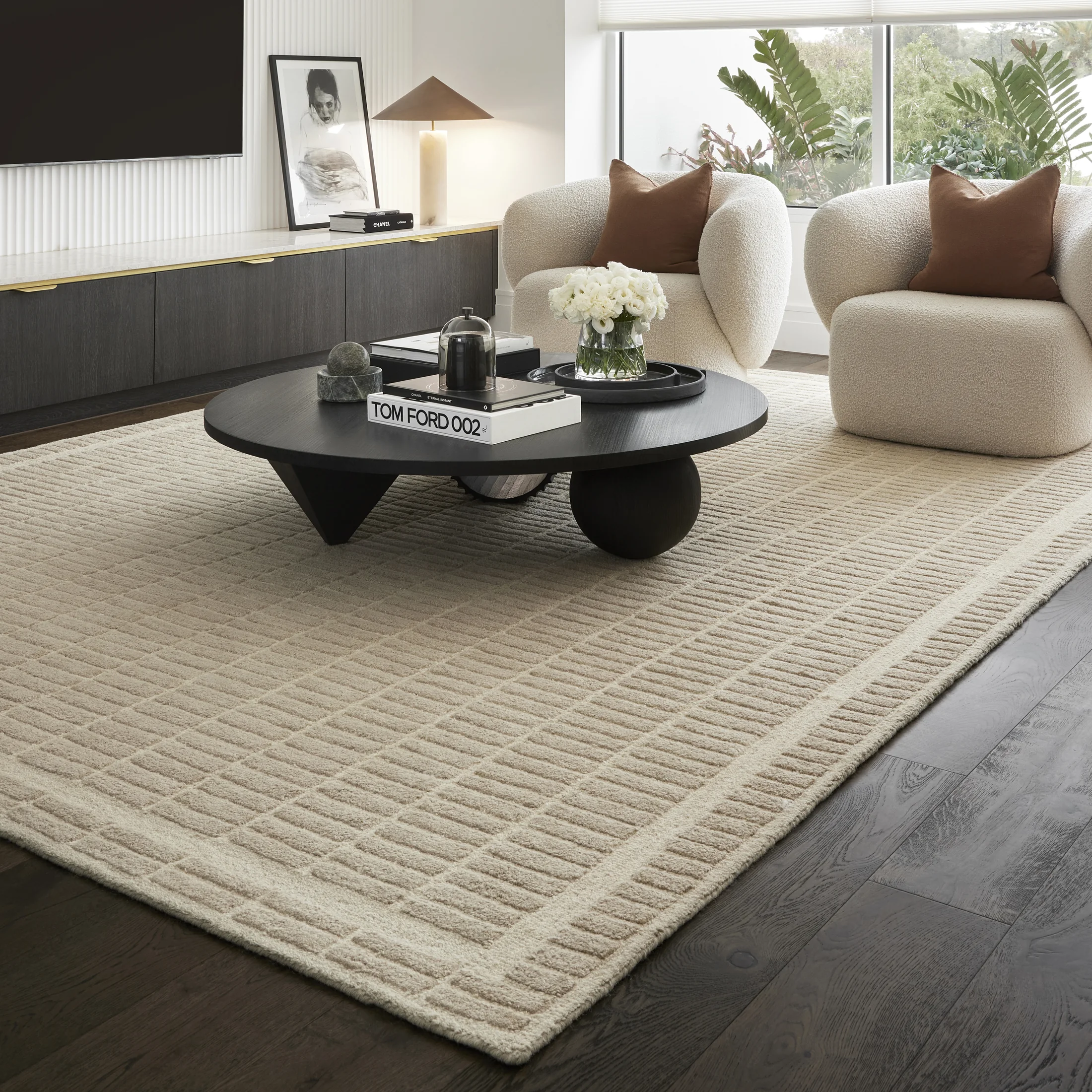 Marlow Latte wool rug in a contemporary living room